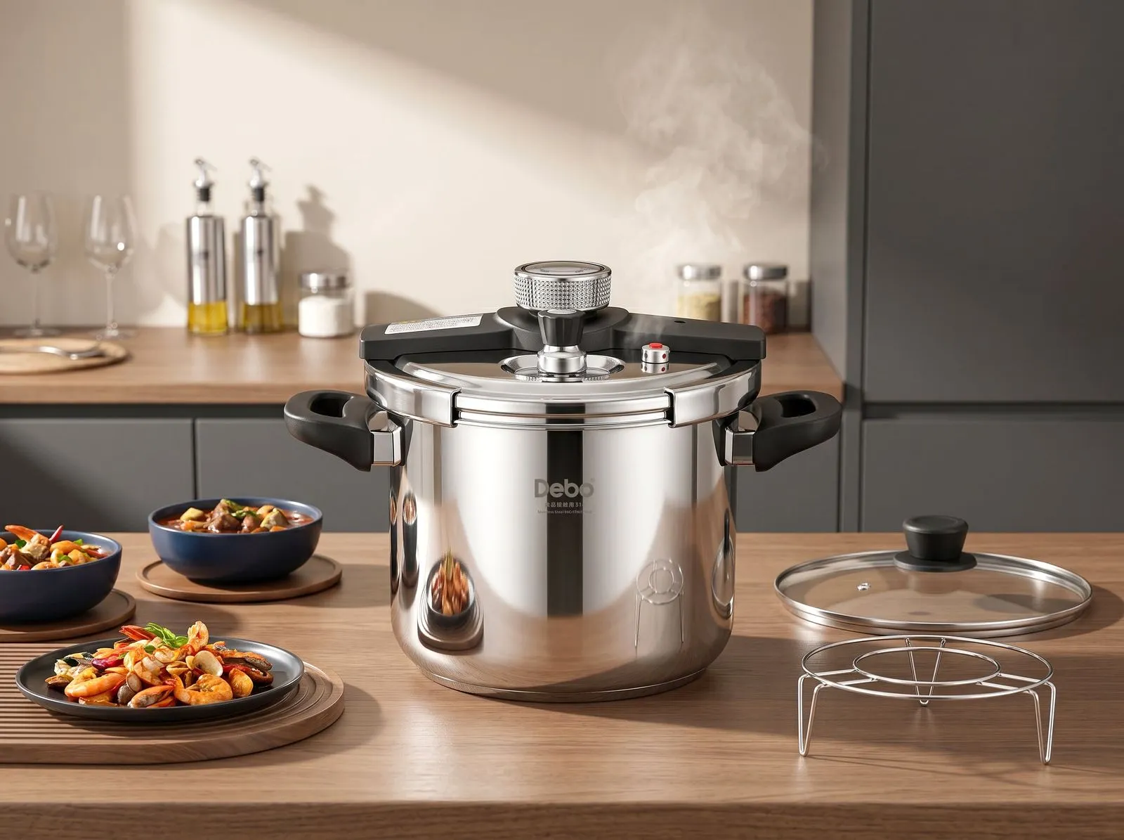 A Debo stainless-steel pressure cooker with steaming dishes on a dining table