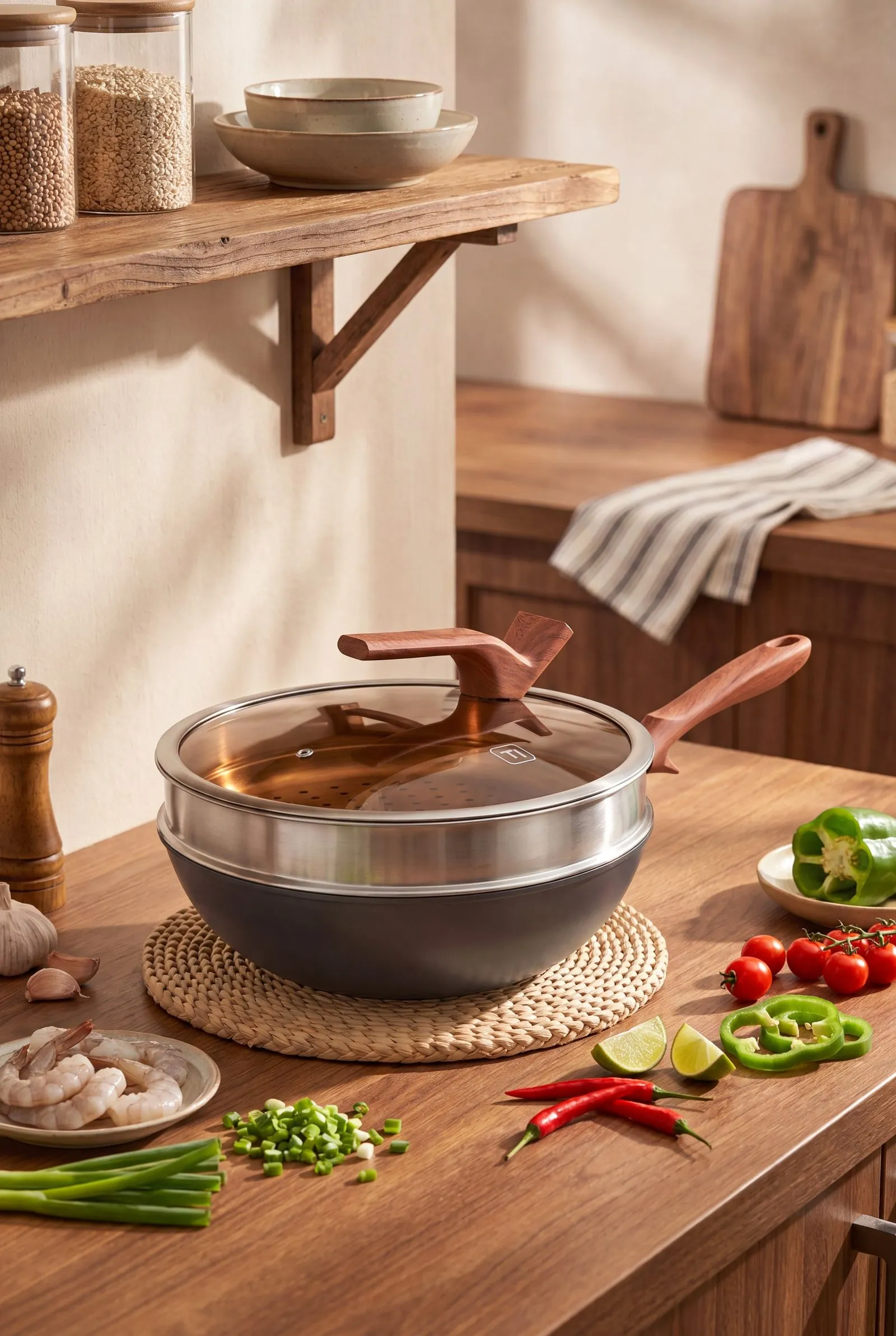 A refined-iron wok with a wooden handle on a rattan mat, with its glass lid