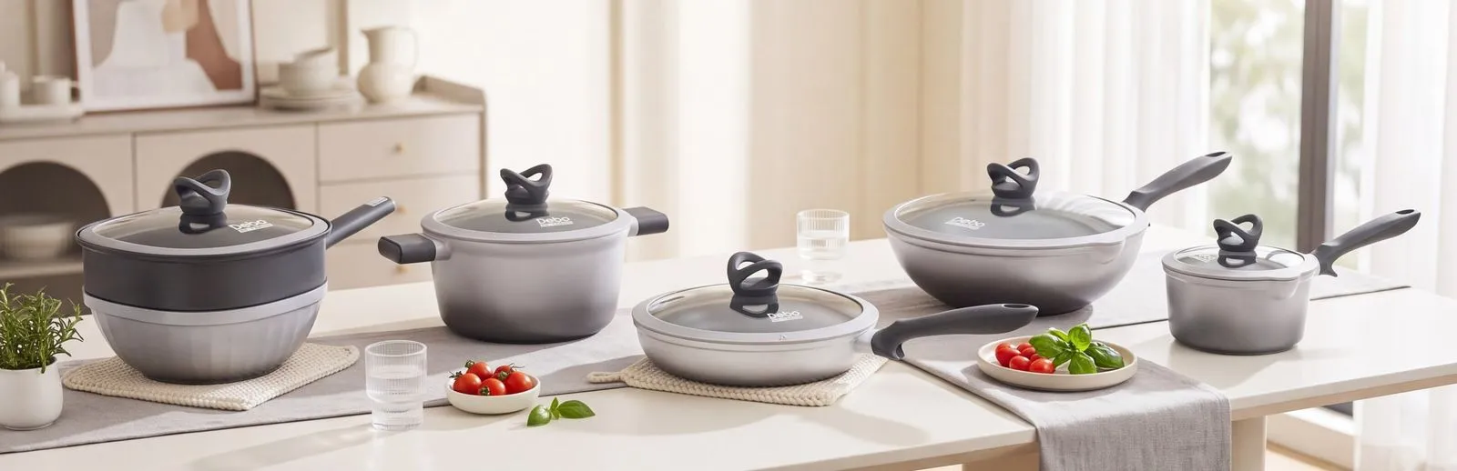 A grey Debo cookware set laid out on a bright dining table
