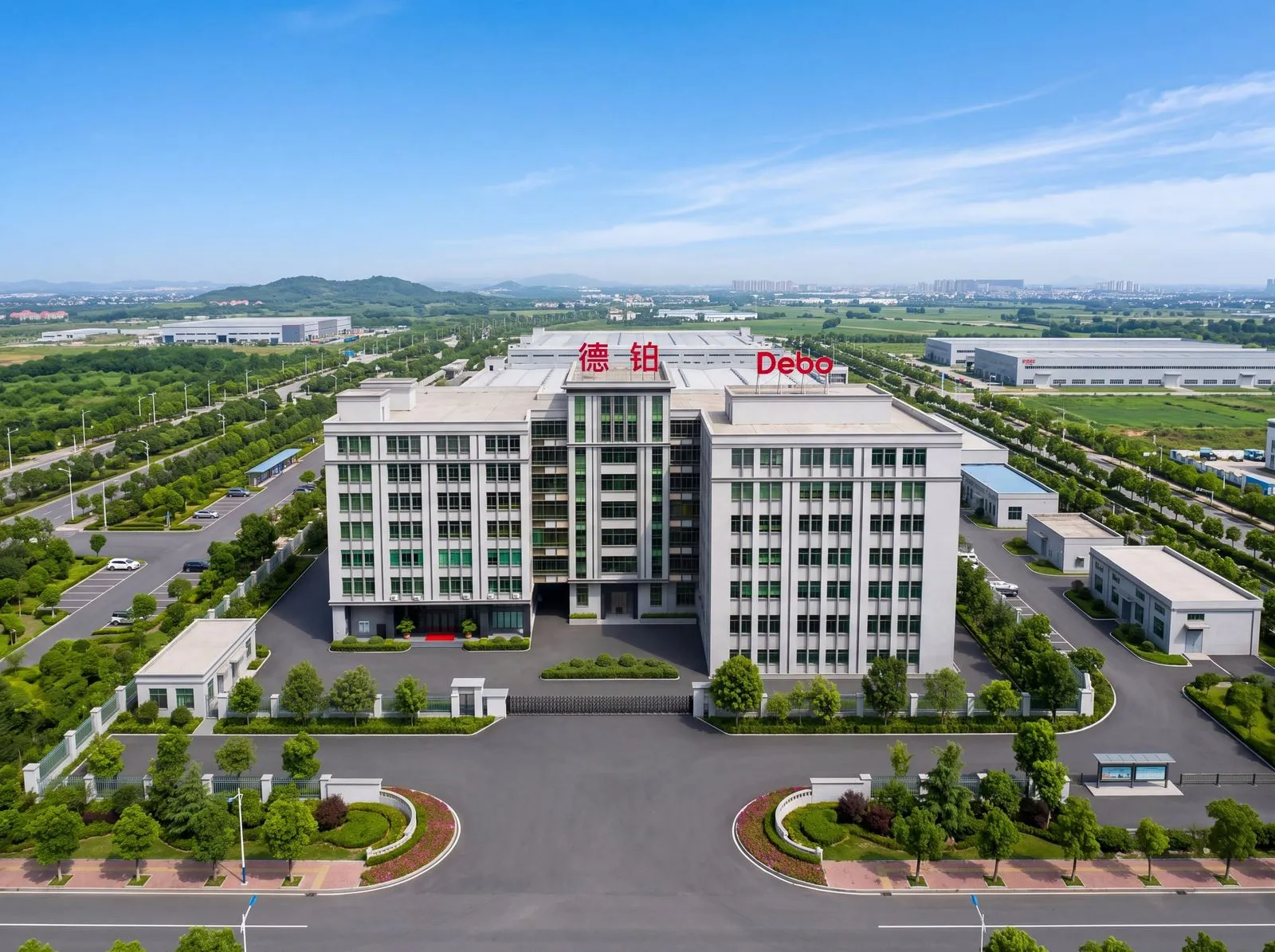 Aerial view of the Debo Chaozhou plant with the Debo sign on the roof